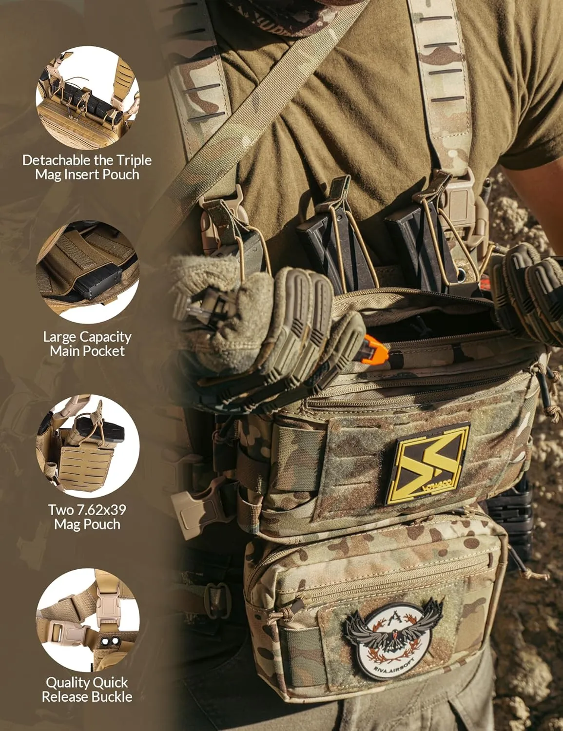 Chest Rig-Tactical Chest Rig，Molle Modular Micro Fight Chest Rigs Adjustable&Detachable with 5.56/7.62 Magazine Pouch