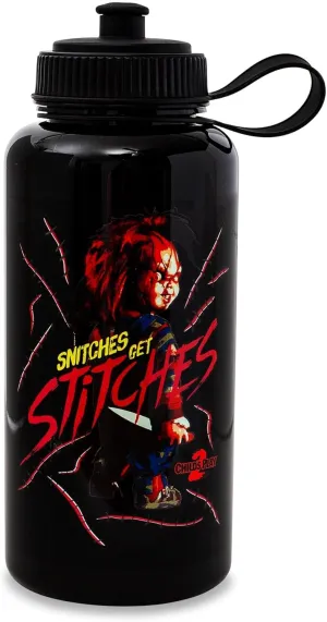 Child's Play 2 Chucky "Snitches Get Stitches" Water Bottle With Spill-Resistant Sports Cap Lid | Large Plastic Sports Jug | Holds 34 Ounces