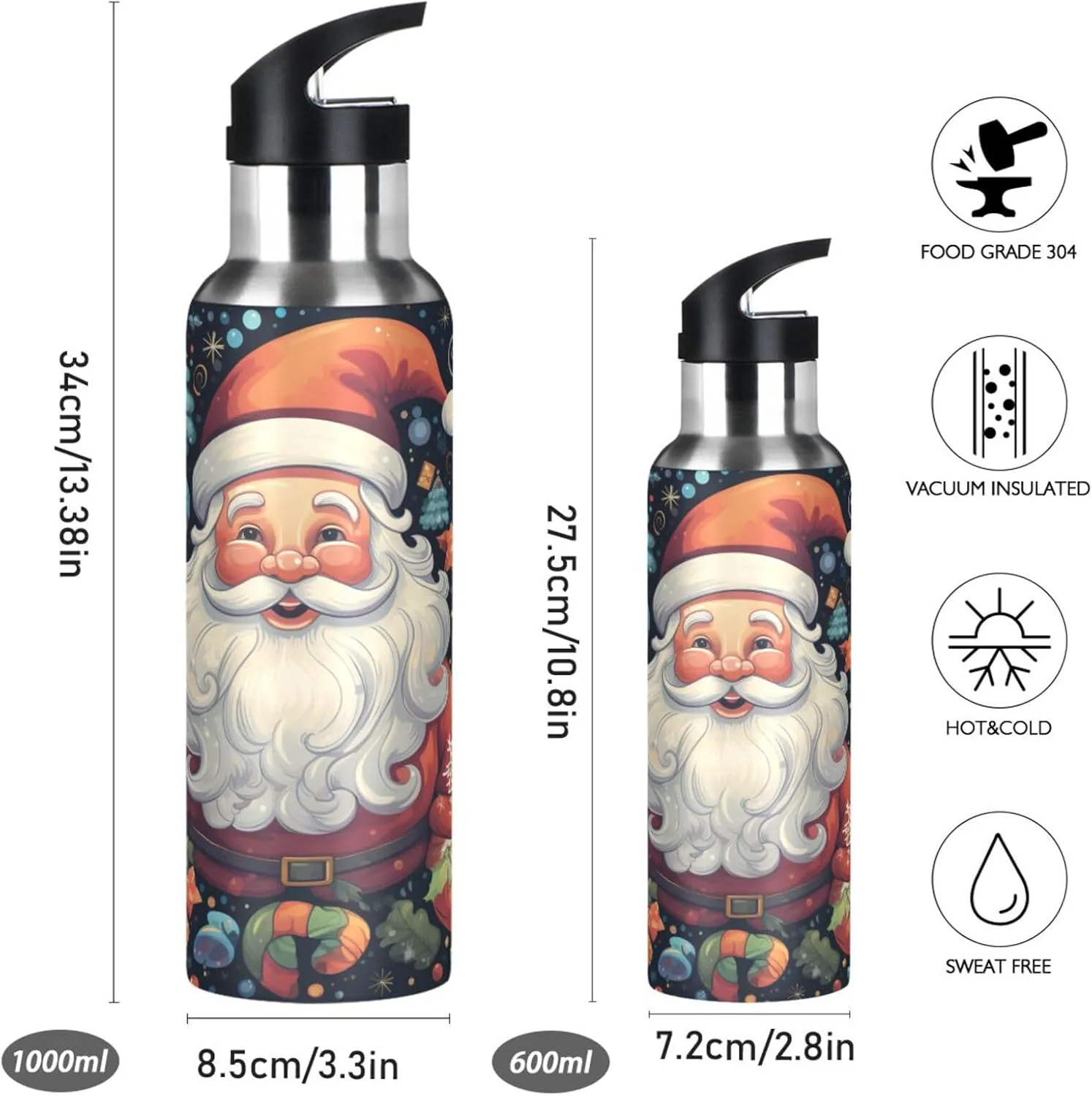 Christmas Pattern Trees Sport Water Bottle Insulated Stainless Steel Large Vacuum Flask Leak Proof Thermos with Straw for Travel(600ml/1000ml)