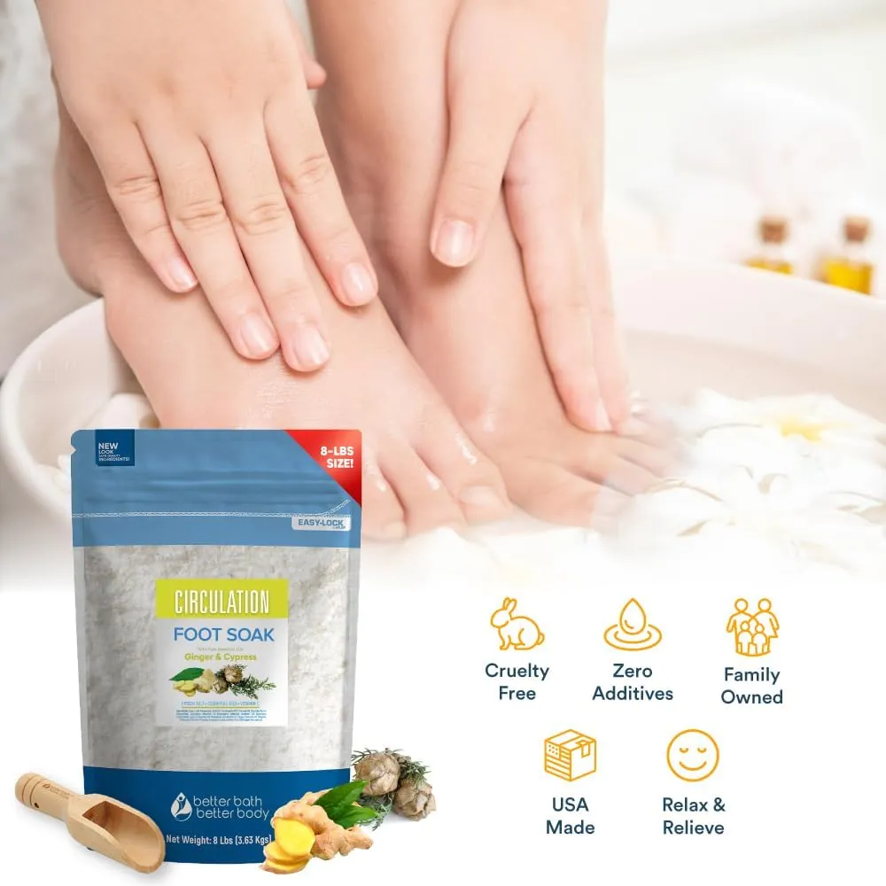 Circulation Foot Soak 128oz (8 Lbs) Epsom Salt Home Spa Soothing Soaks with Natural Ginger and Cypress Essential Oils Plus Vitamin C in BPA Free Pouch with Easy Press Lock Seal Made in USA