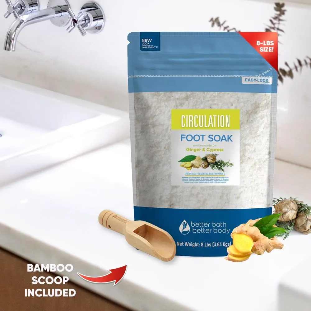 Circulation Foot Soak 128oz (8 Lbs) Epsom Salt Home Spa Soothing Soaks with Natural Ginger and Cypress Essential Oils Plus Vitamin C in BPA Free Pouch with Easy Press Lock Seal Made in USA