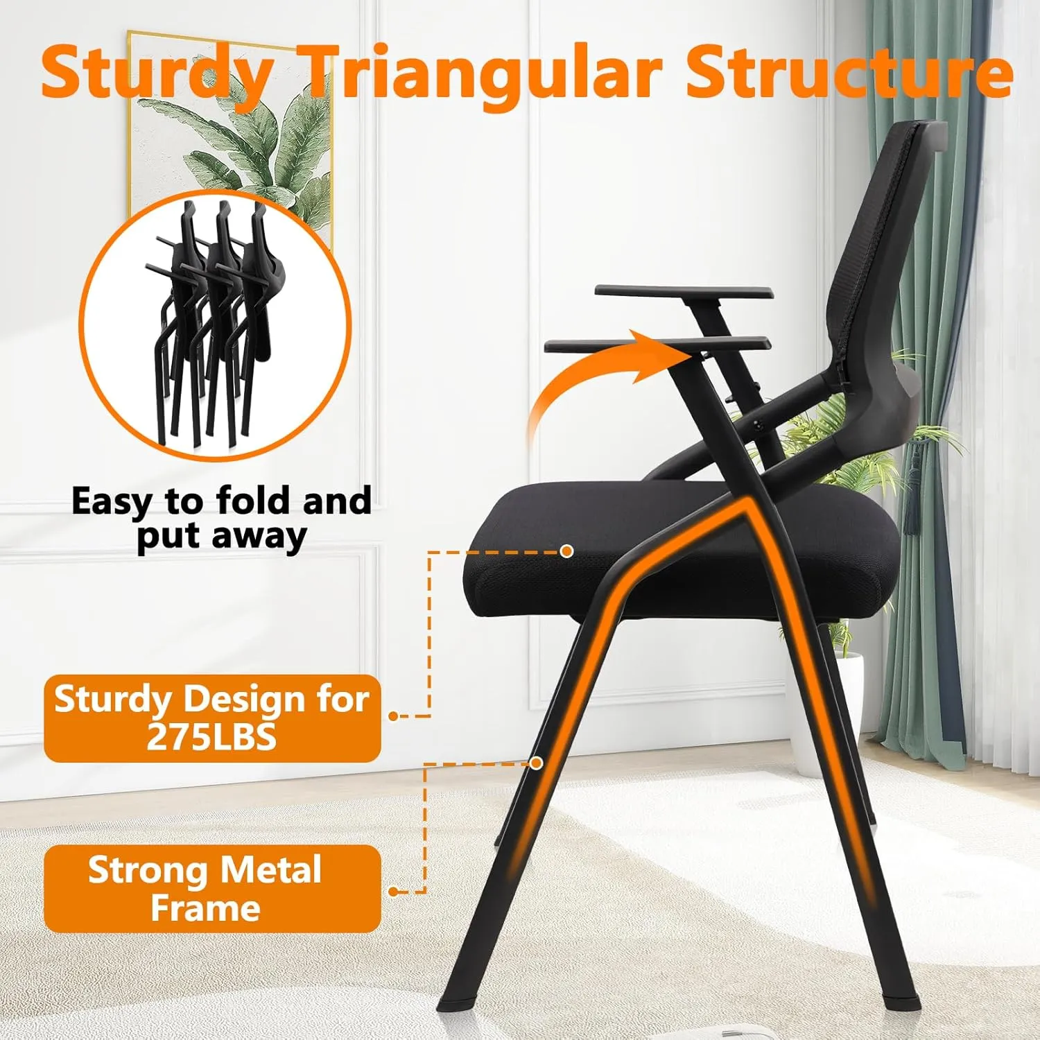 CLATINA Stackable & Foldable Office Chairs with Ergonomic Lumbar Support and Thickened Seat Cushion, Folding Mesh Fabric Reception Guest Chair for School Church Lobby Conference Room, Black