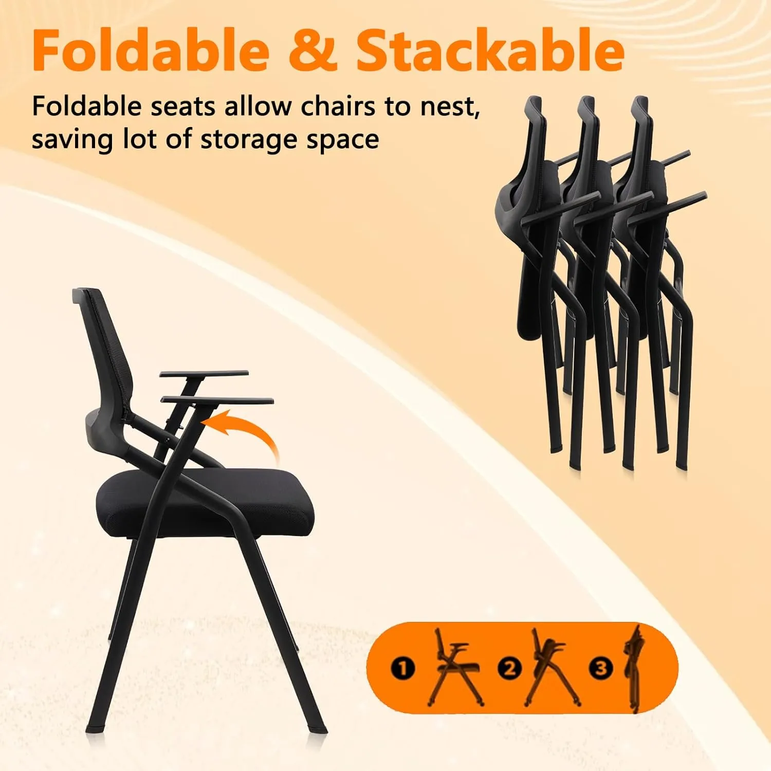 CLATINA Stackable & Foldable Office Chairs with Ergonomic Lumbar Support and Thickened Seat Cushion, Folding Mesh Fabric Reception Guest Chair for School Church Lobby Conference Room, Black