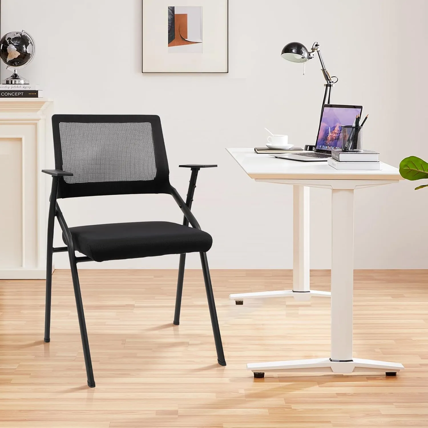 CLATINA Stackable & Foldable Office Chairs with Ergonomic Lumbar Support and Thickened Seat Cushion, Folding Mesh Fabric Reception Guest Chair for School Church Lobby Conference Room, Black