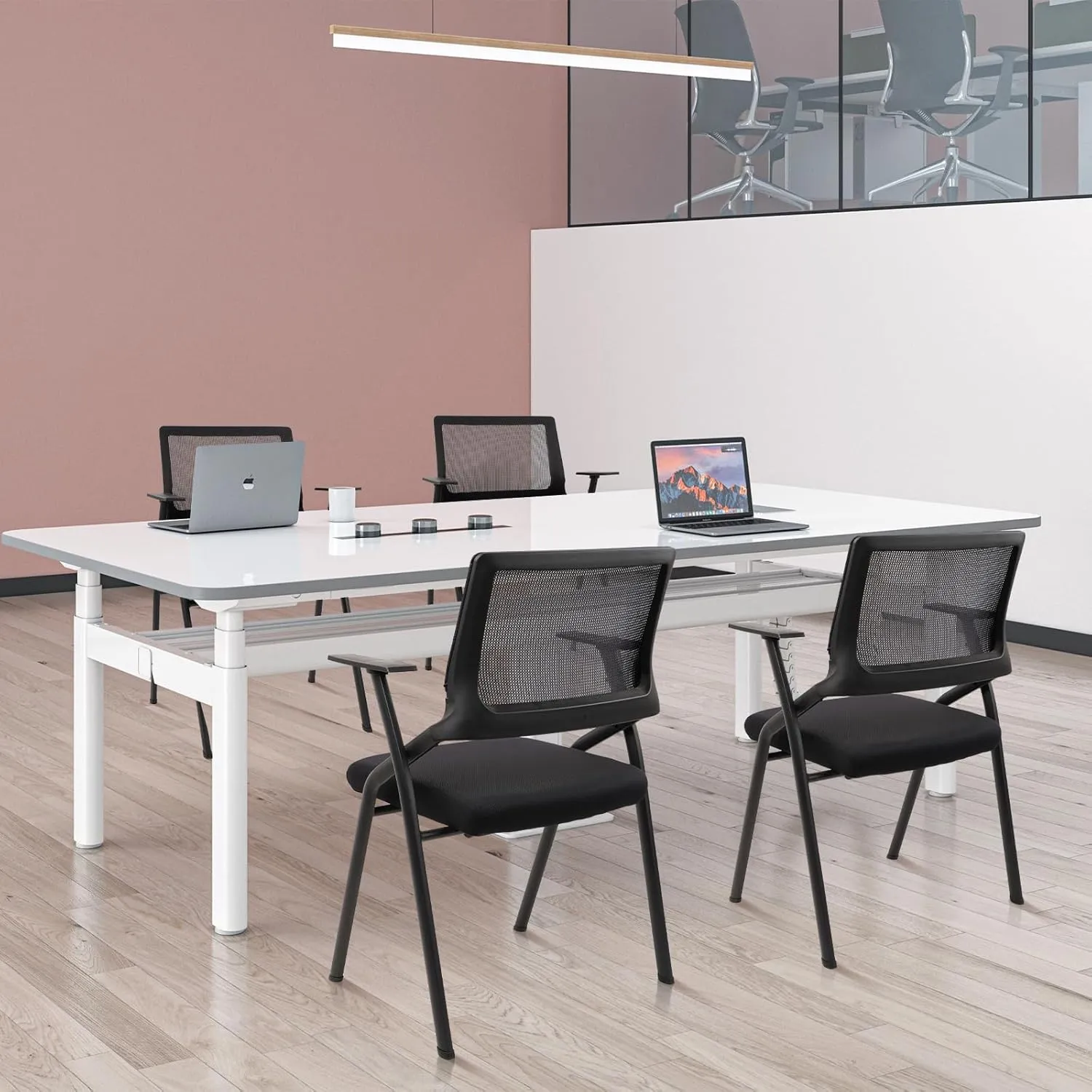 CLATINA Stackable & Foldable Office Chairs with Ergonomic Lumbar Support and Thickened Seat Cushion, Folding Mesh Fabric Reception Guest Chair for School Church Lobby Conference Room, Black