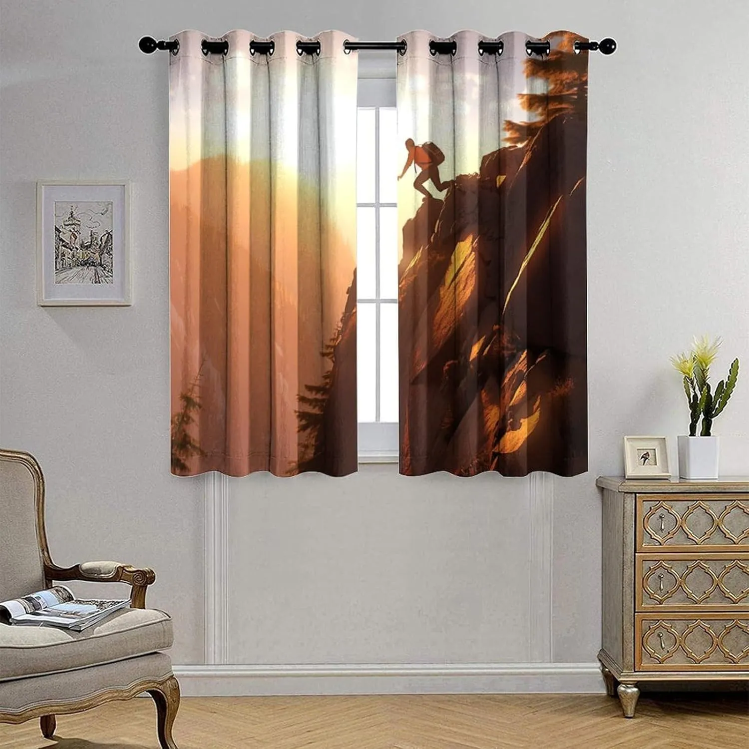Climbing Athlete Curtains for Bedroom, Sunset Sky Mountain Forest Grommet Blackout Curtains Thermal Insulated Window Drapes for Living Room, 36W x 63L, 2 Panels