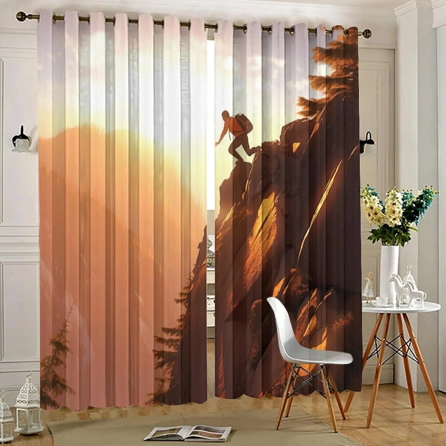 Climbing Athlete Curtains for Bedroom, Sunset Sky Mountain Forest Grommet Blackout Curtains Thermal Insulated Window Drapes for Living Room, 36W x 63L, 2 Panels