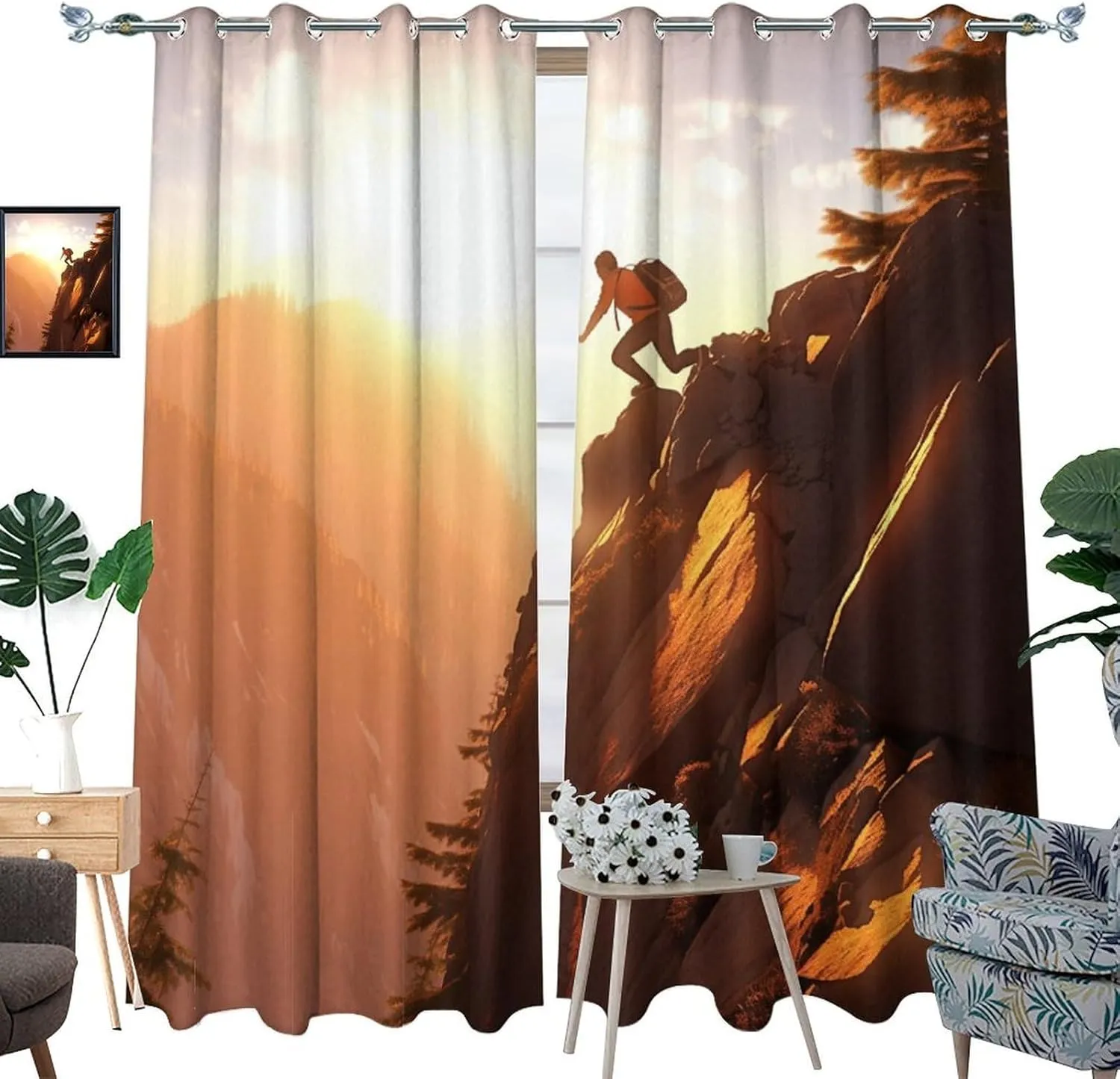 Climbing Athlete Curtains for Bedroom, Sunset Sky Mountain Forest Grommet Blackout Curtains Thermal Insulated Window Drapes for Living Room, 36W x 63L, 2 Panels