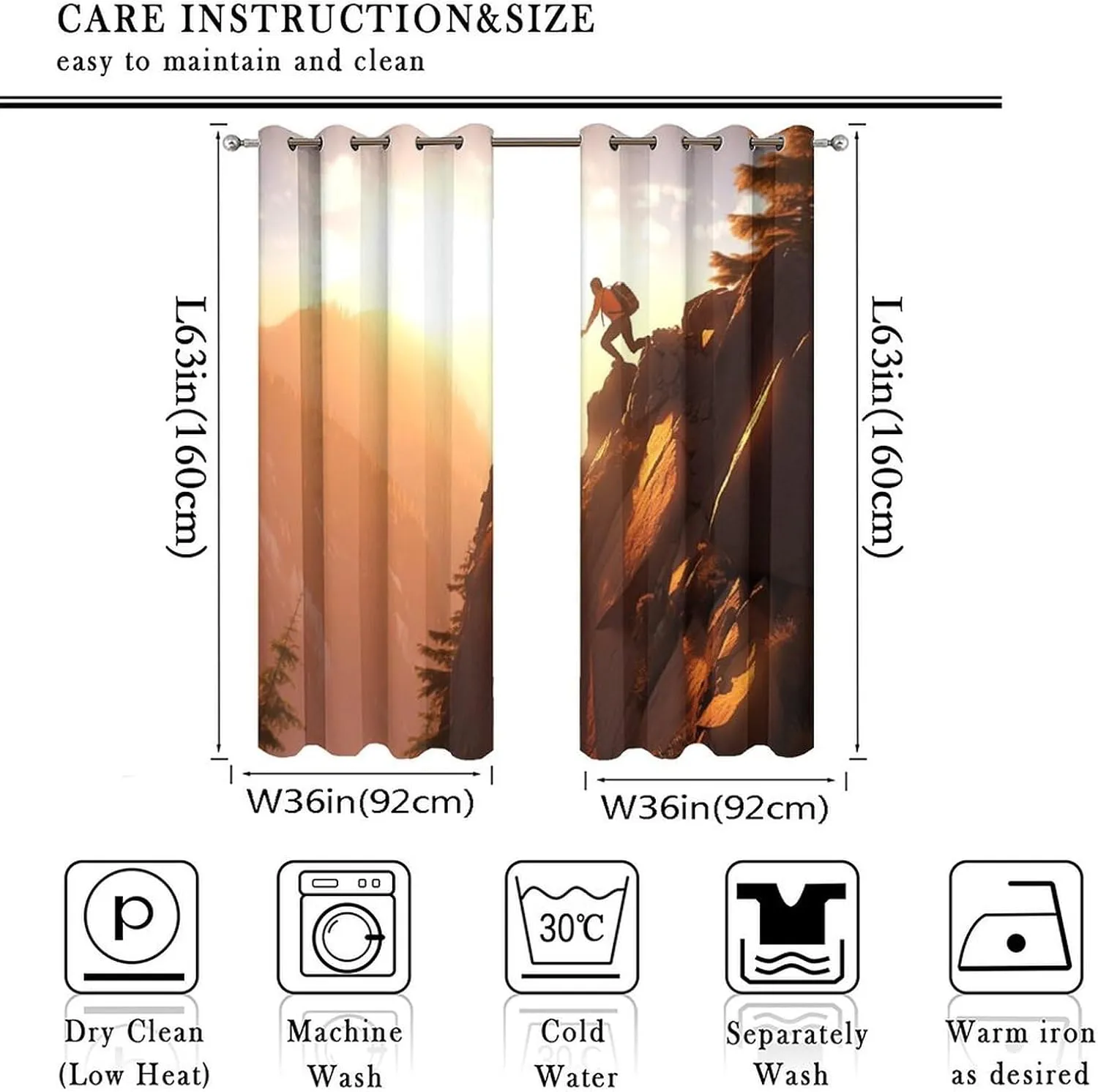 Climbing Athlete Curtains for Bedroom, Sunset Sky Mountain Forest Grommet Blackout Curtains Thermal Insulated Window Drapes for Living Room, 36W x 63L, 2 Panels