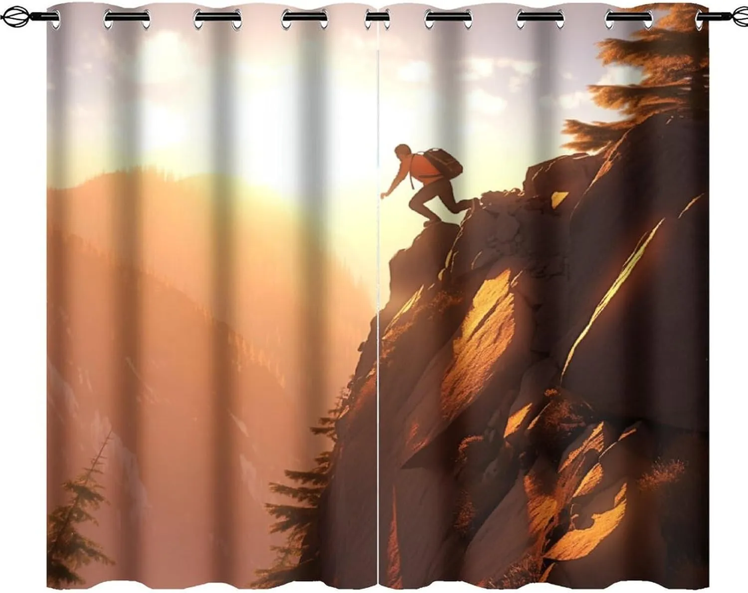 Climbing Athlete Curtains for Bedroom, Sunset Sky Mountain Forest Grommet Blackout Curtains Thermal Insulated Window Drapes for Living Room, 36W x 63L, 2 Panels