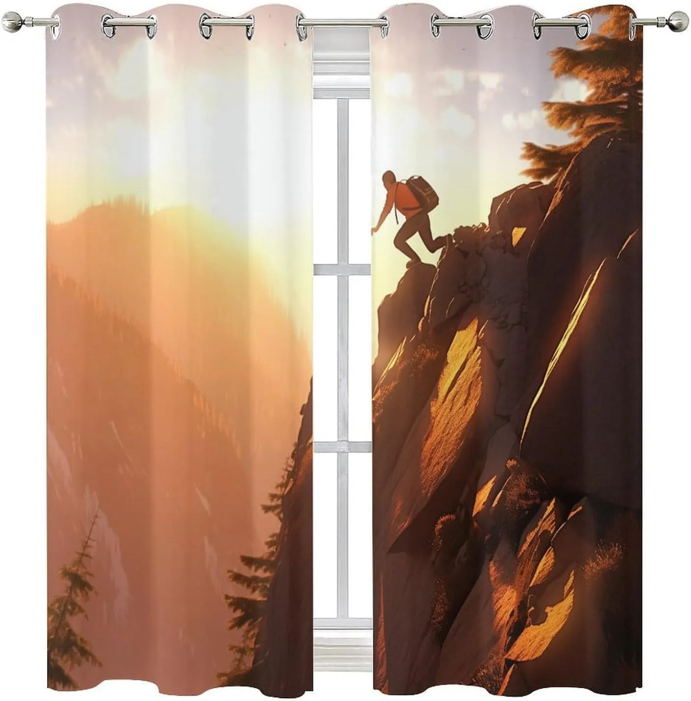 Climbing Athlete Curtains for Bedroom, Sunset Sky Mountain Forest Grommet Blackout Curtains Thermal Insulated Window Drapes for Living Room, 36W x 63L, 2 Panels