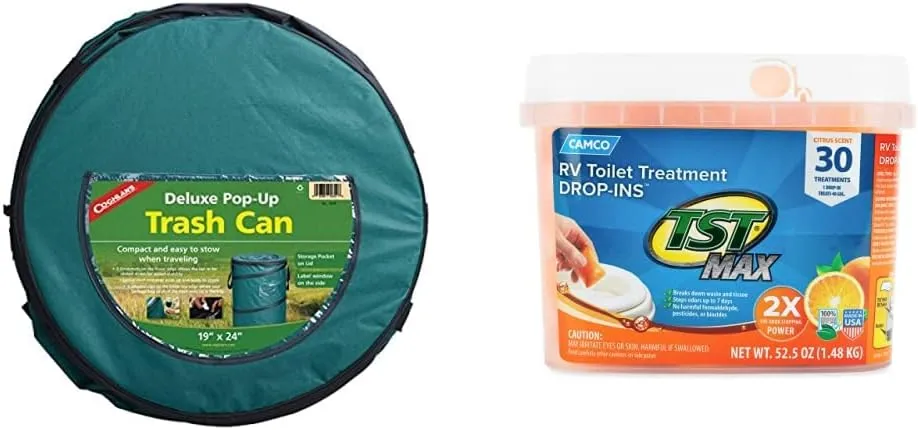 Coghlan's Deluxe Pop-Up Trash Can | Camco TST MAX Camper/RV Toilet Treatment Drop-INs