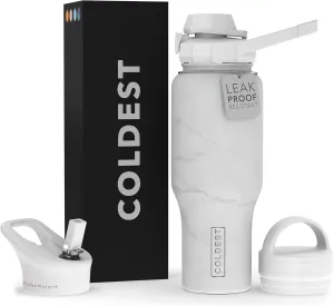 Coldest Sports Water Bottle - 3 in 1 Lids (Chug, Straw, Handle) - Insulated Stainless Steel Tumbler with Handle - Vacuum Water Flask Cup, Valentines Gifts for Him Her (36 oz, Carrara Marble)