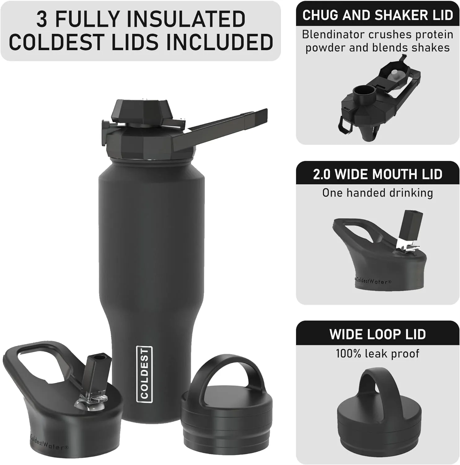 Coldest Sports Water Bottle - 3 in 1 Lids (Chug, Straw, Handle) - Insulated Stainless Steel Tumbler with Handle - Vacuum Water Flask Cup, Valentines Gifts for Him Her (36 oz, Carrara Marble)