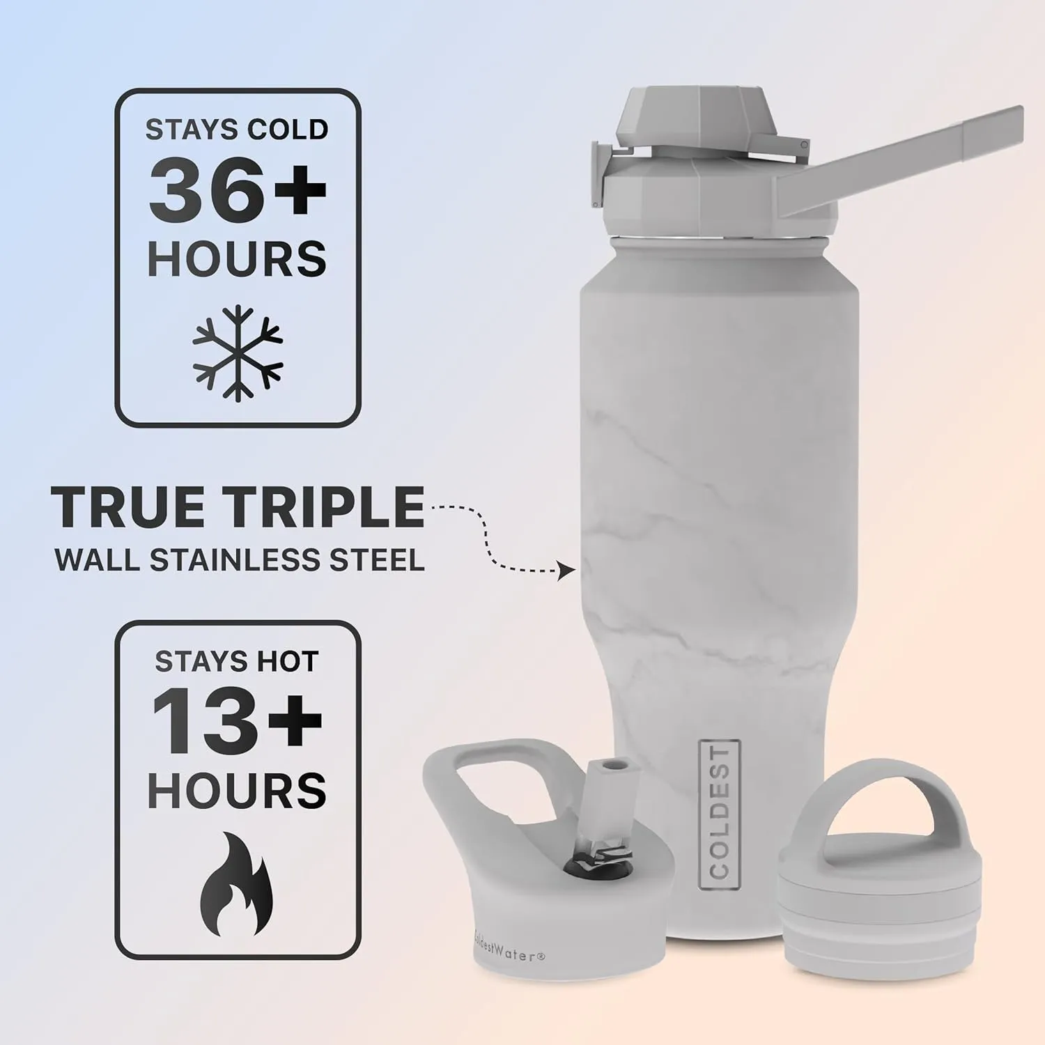 Coldest Sports Water Bottle - 3 in 1 Lids (Chug, Straw, Handle) - Insulated Stainless Steel Tumbler with Handle - Vacuum Water Flask Cup, Valentines Gifts for Him Her (36 oz, Carrara Marble)