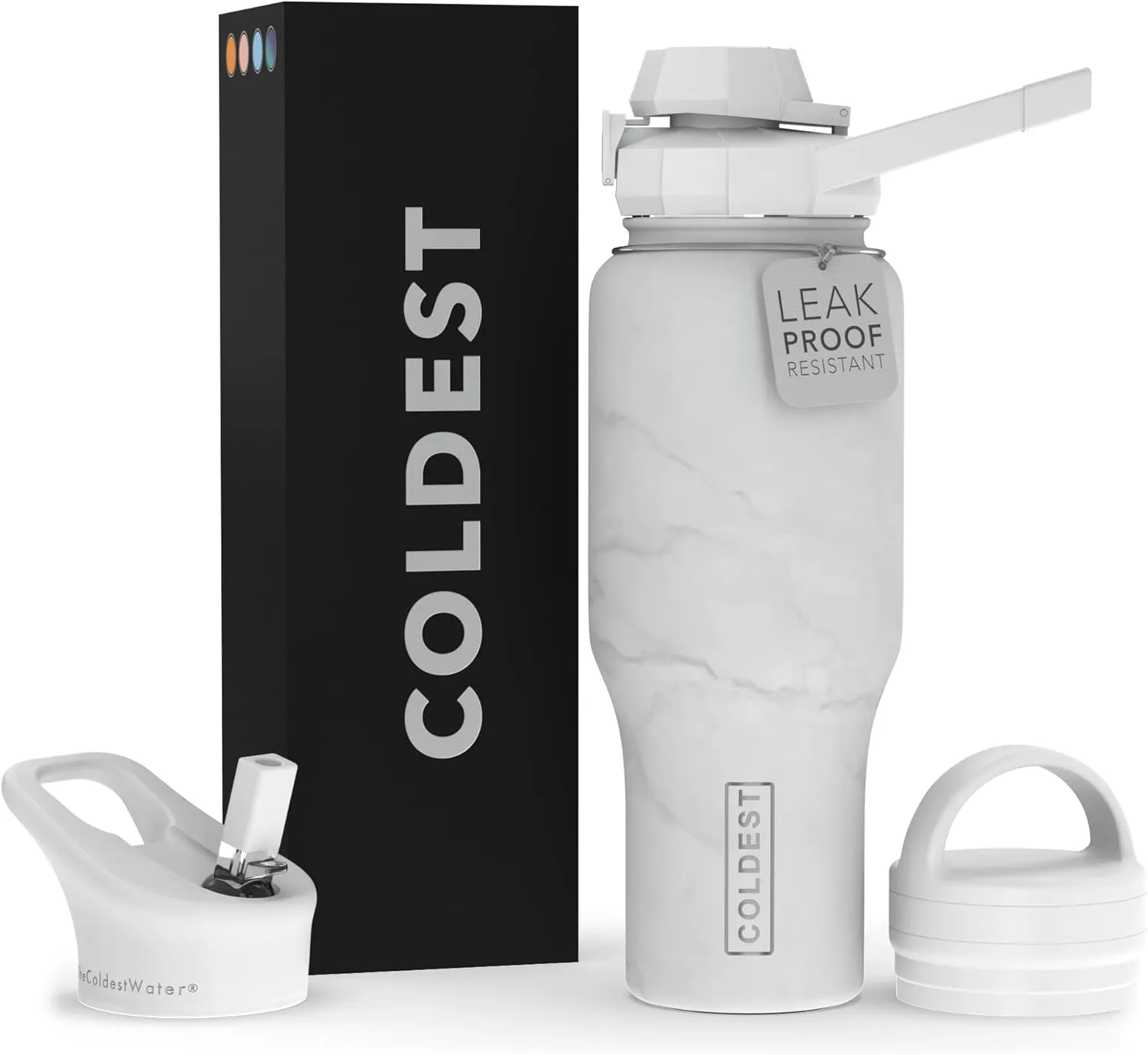 Coldest Sports Water Bottle - 3 in 1 Lids (Chug, Straw, Handle) - Insulated Stainless Steel Tumbler with Handle - Vacuum Water Flask Cup, Valentines Gifts for Him Her (36 oz, Carrara Marble)