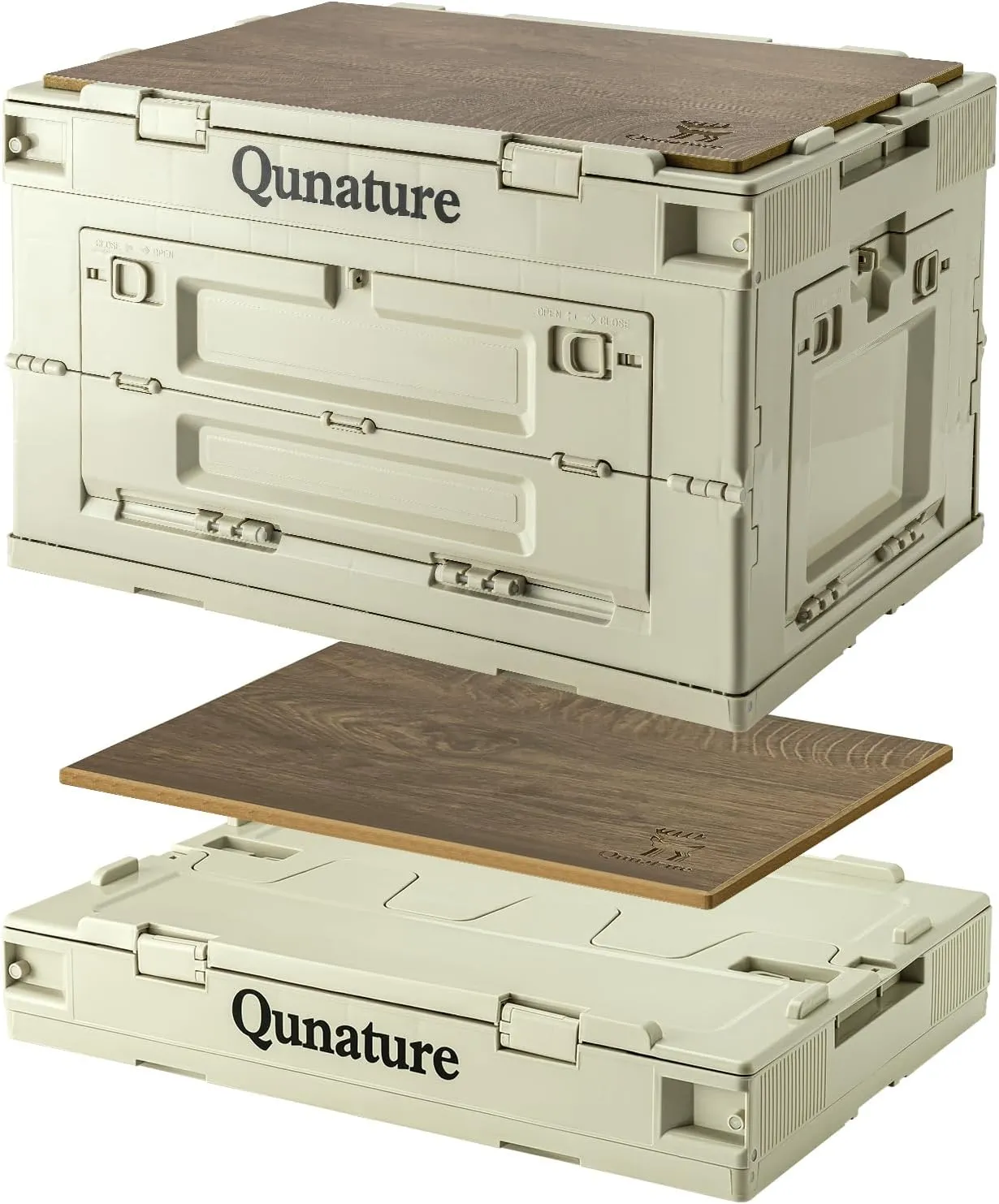 Collapsible Storage Bins Box with Woodgrain Laminate Cutting board 60L Camping Storage Container Foldable Stackable Heavy duty for Picnic/Closet/Garage/Moving