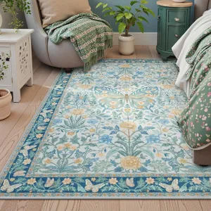 Collive Blue 5x7 Butterfly Area Rug, Vintage Floral Rug for Girls Bedroom Washable Non Slip, Soft Ultra Thin Boho Insect Carpet for Living Room Nursery Kids Room Playroom