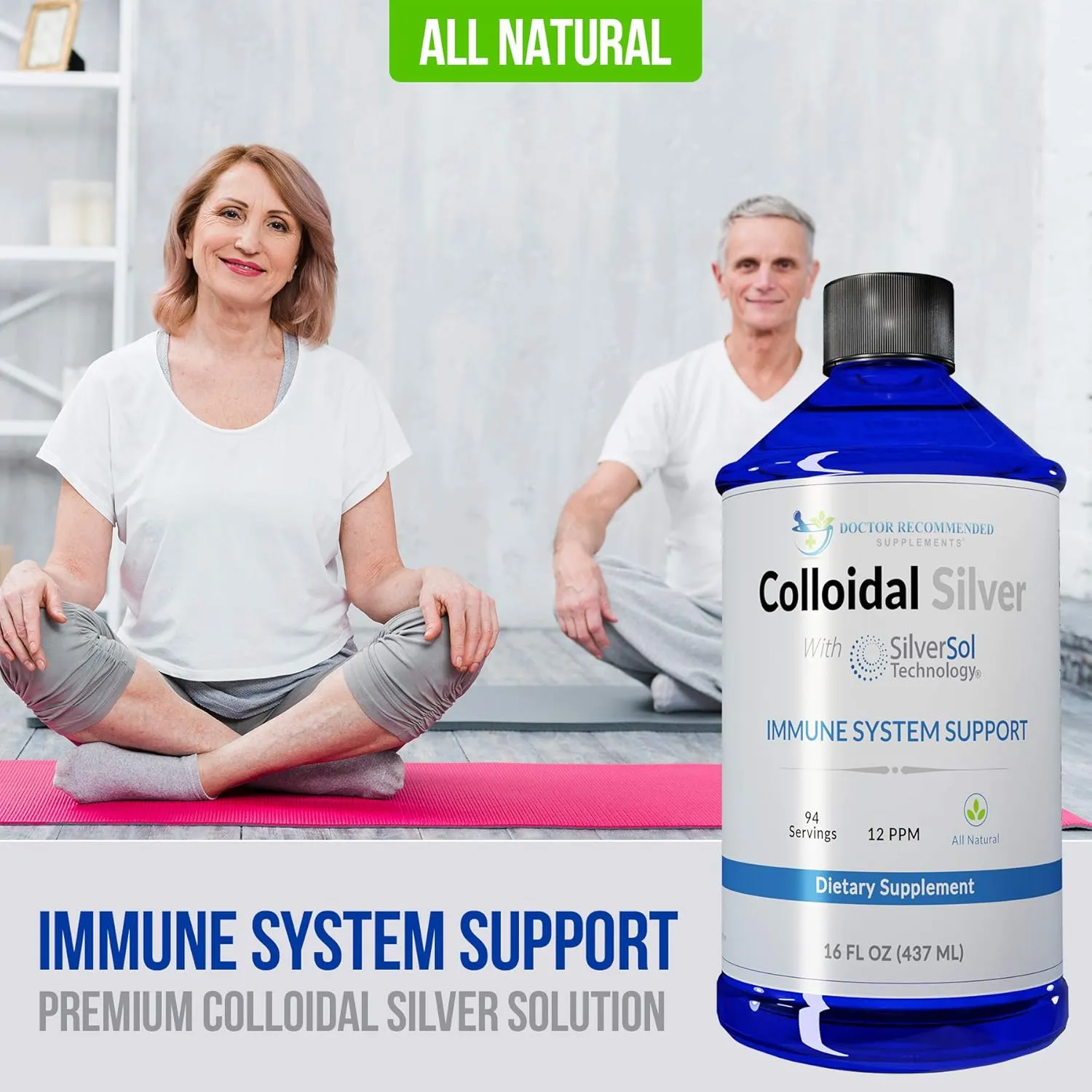 Colloidal Silver Liquid - 12 PPM Premium Silver Solution, 60 MCG Per Serving, All Natural, Vegan Immune System Support, Ionic Silver Water Daily Mineral Supplement 16 Fl oz, 96 Servings