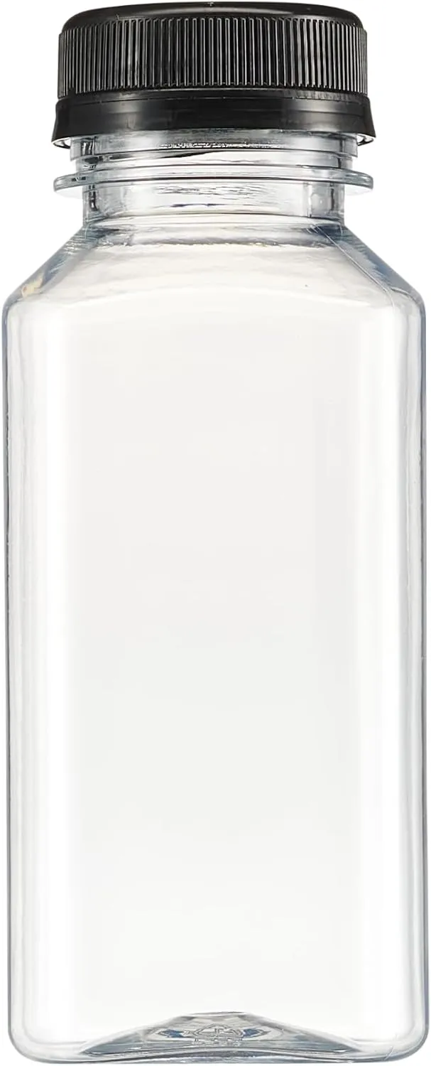 Comfy Package [8 oz. - 25 Count Reusable Plastic Juice Bottles With Caps, Labels, Brush, and Silicone Funnel - Clear plastic Bottles with Caps, Juice Containers with lids, for All Beverages