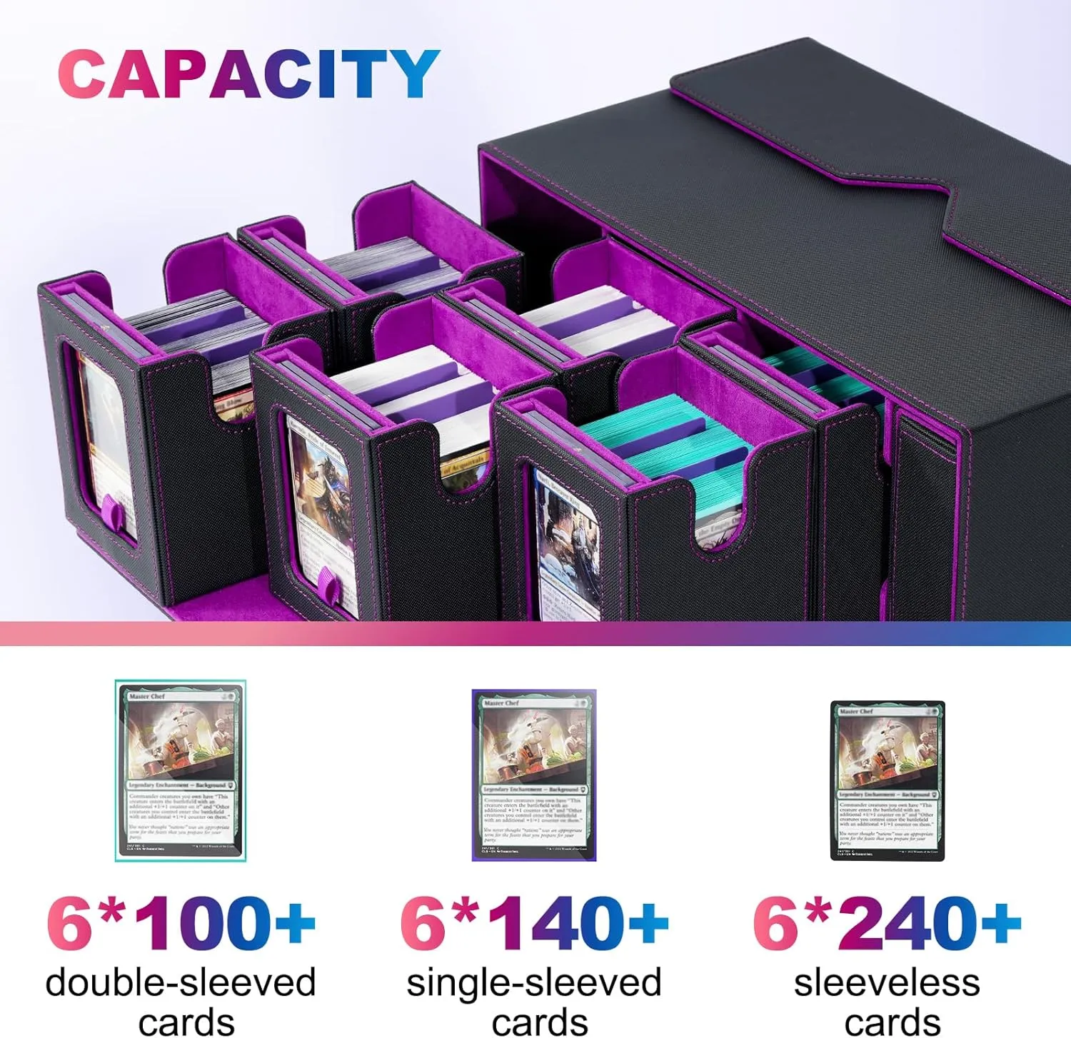 Commander Deck Box for MTG, 6-Deck Modular Card Case with Dice Tray Holds 600  Double-sleeved Cards, Removable Trading Cards Storage Box with 35PT Magnetic Card Holders for TCG, Black Purple
