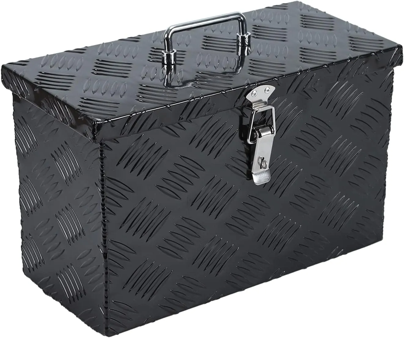 confote 16 Inch Aluminum Stripes Plated Tool Box Pick Up Truck Bed RV Trailer Toolbox Waterproof Square Storage Organizer Chest - Black