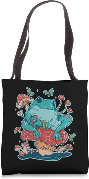 Contented Frog sitting on a mushroom Graphic Tote Bag