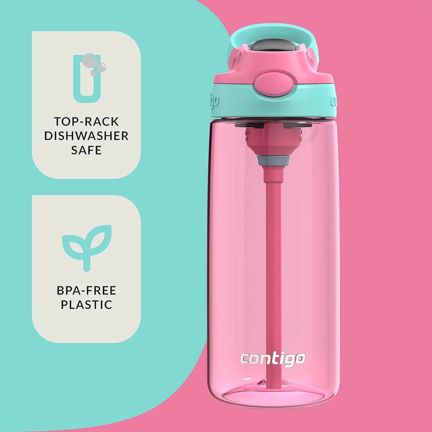 Contigo Aubrey Kids BPA-Free Water Bottle with Silicone Straw Spill-Proof Lid Dishwasher Safe 20oz 2-Pack Suitable for 3  Years Azalea/Jade & Blue Raspberry/Azalea