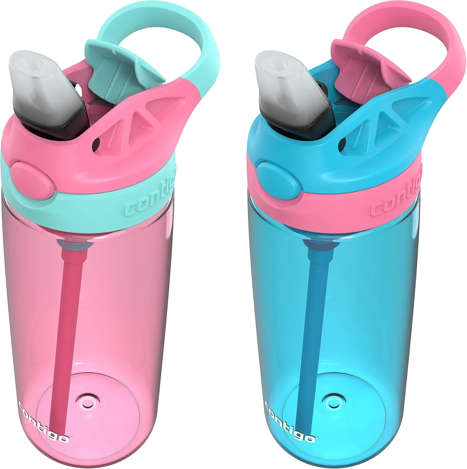 Contigo Aubrey Kids BPA-Free Water Bottle with Silicone Straw Spill-Proof Lid Dishwasher Safe 20oz 2-Pack Suitable for 3  Years Azalea/Jade & Blue Raspberry/Azalea