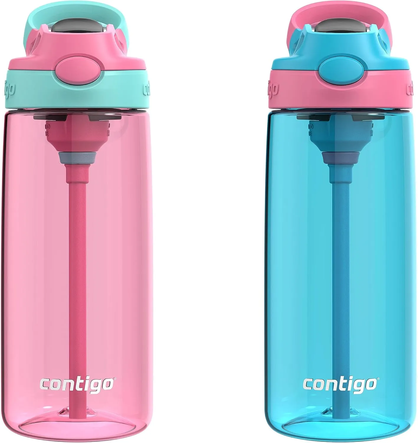 Contigo Aubrey Kids BPA-Free Water Bottle with Silicone Straw Spill-Proof Lid Dishwasher Safe 20oz 2-Pack Suitable for 3  Years Azalea/Jade & Blue Raspberry/Azalea