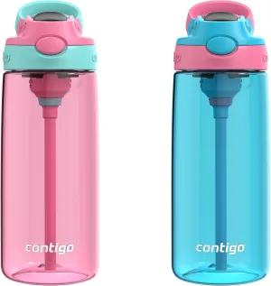 Contigo Aubrey Kids BPA-Free Water Bottle with Silicone Straw Spill-Proof Lid Dishwasher Safe 20oz 2-Pack Suitable for 3  Years Azalea/Jade & Blue Raspberry/Azalea