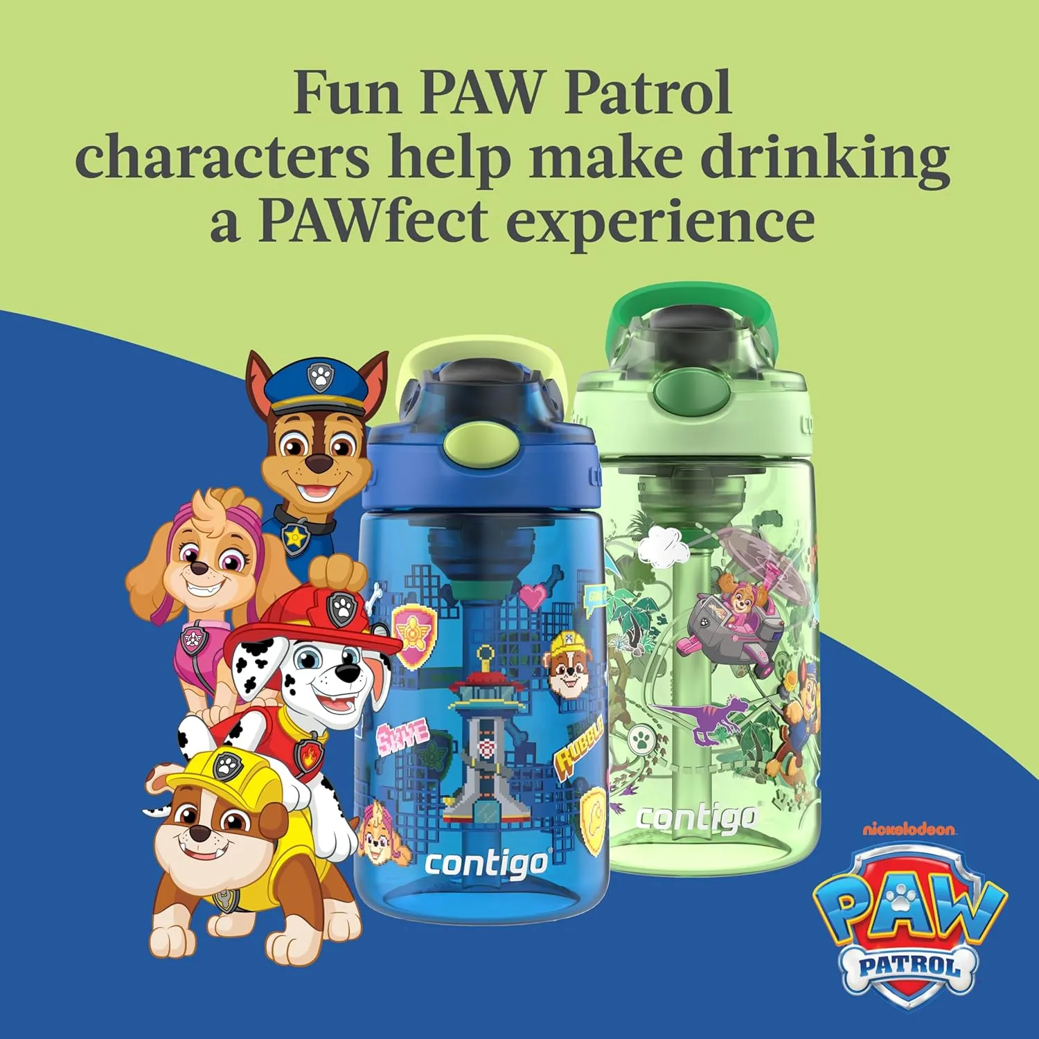 Contigo Aubrey Paw Patrol Leak-Proof Spill-Proof, 2-Pack Water Bottle with Autospout, 14oz, Power Pups and Dino Treks, Green and Blue