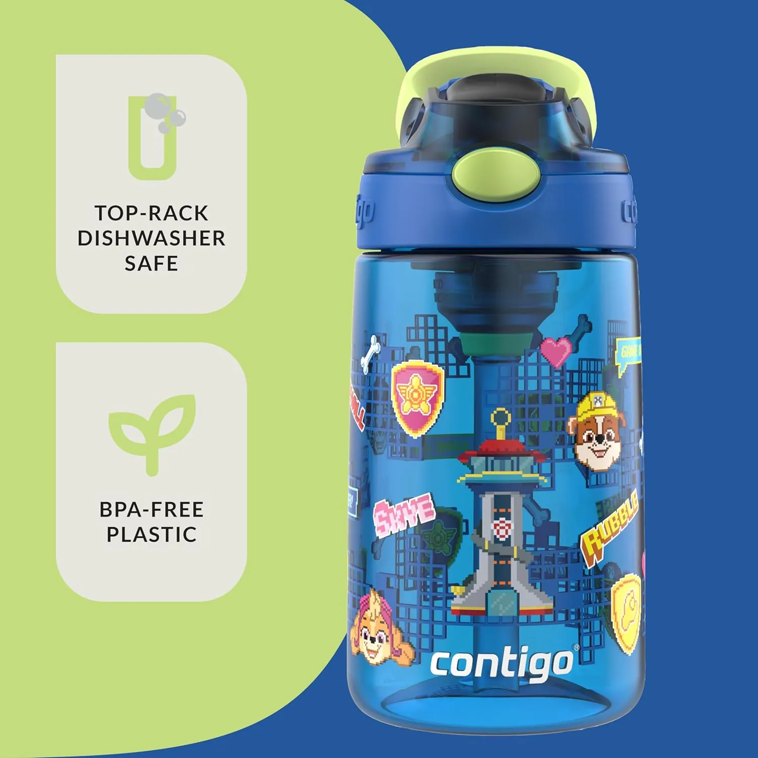 Contigo Aubrey Paw Patrol Leak-Proof Spill-Proof, 2-Pack Water Bottle with Autospout, 14oz, Power Pups and Dino Treks, Green and Blue