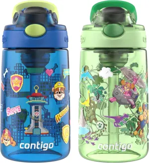 Contigo Aubrey Paw Patrol Leak-Proof Spill-Proof, 2-Pack Water Bottle with Autospout, 14oz, Power Pups and Dino Treks, Green and Blue