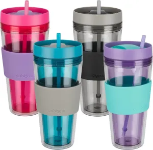 COOL GEAR 4-Pack 24 oz Callisto Clear Chiller with Straw and Band | Dual Function Closure Colored Re-Usable Tumbler Water Bottle - Teal/Pink