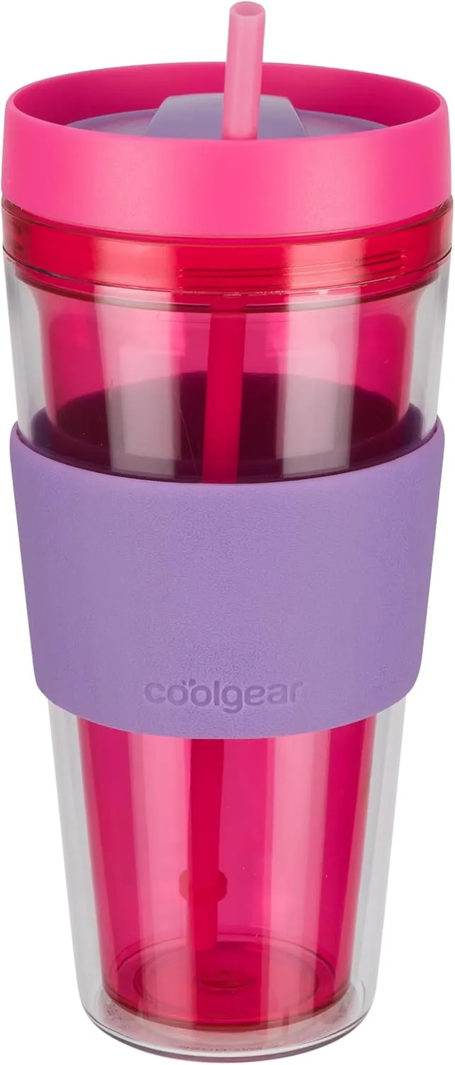 COOL GEAR 4-Pack 24 oz Callisto Clear Chiller with Straw and Band | Dual Function Closure Colored Re-Usable Tumbler Water Bottle - Teal/Pink