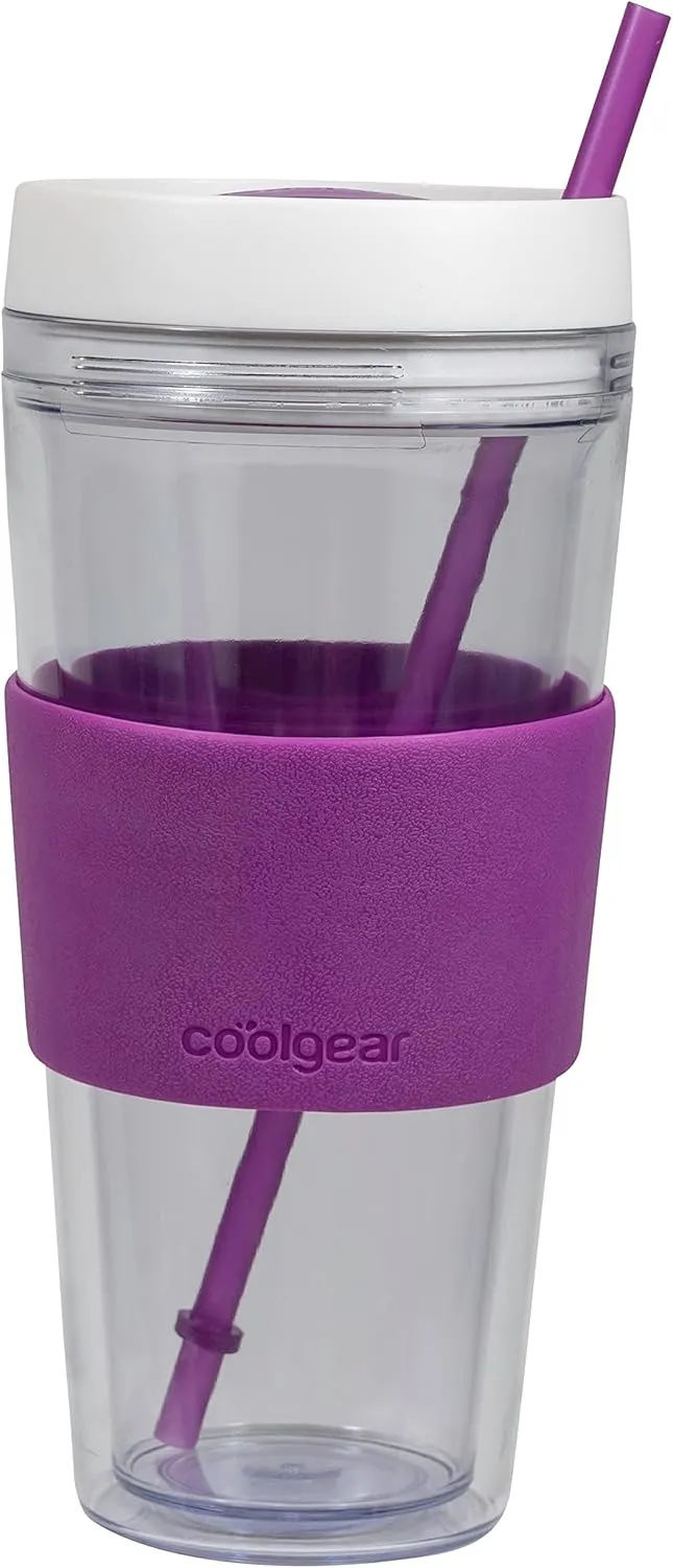 COOL GEAR 4 Pack 24 oz Callisto Clear Chiller with Straw and Band | Dual Function Closure Colored Re-Usable Tumbler Water Bottle - Teal/Purple/Pink/Blue
