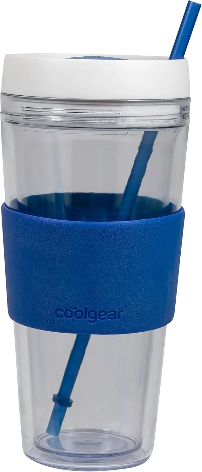 COOL GEAR 4 Pack 24 oz Callisto Clear Chiller with Straw and Band | Dual Function Closure Colored Re-Usable Tumbler Water Bottle - Teal/Purple/Pink/Blue