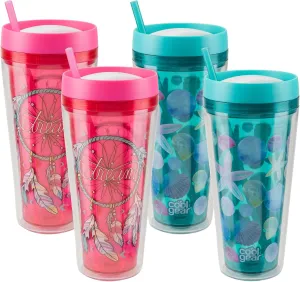 COOL GEAR 4 Pack 24 oz Callisto Printed Chiller with Straw | Dual Function Closure Printed Re-Usable Tumbler Water Bottle - 24 OZ CALLISTO CHLR PRNT 4 PK SHELL/PK FEATHER