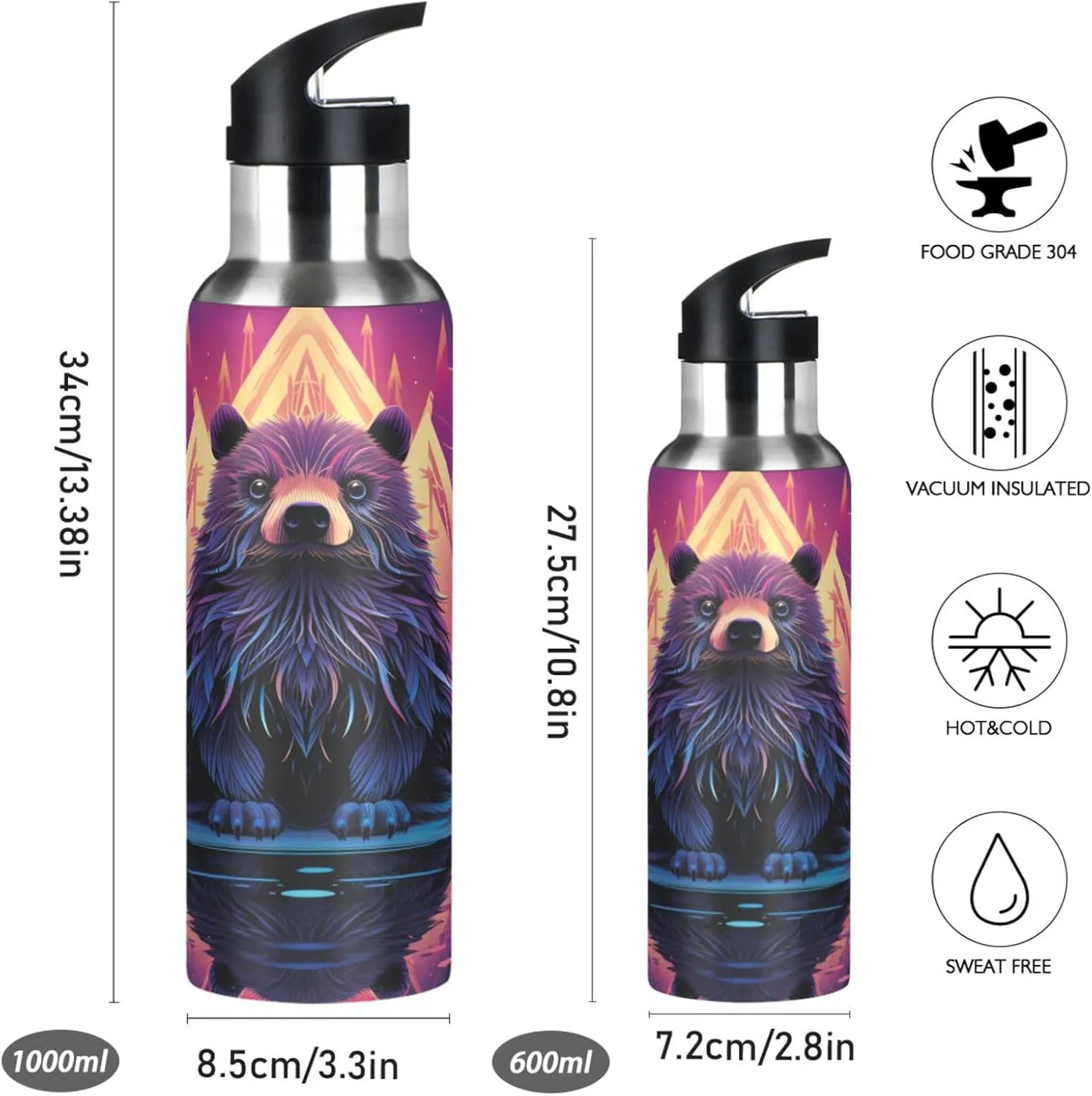 Cool Purple Beaver Sport Water Bottle Insulated Stainless Steel Large Vacuum Flask Leak Proof Thermos with Straw for Travel(600ml/1000ml)