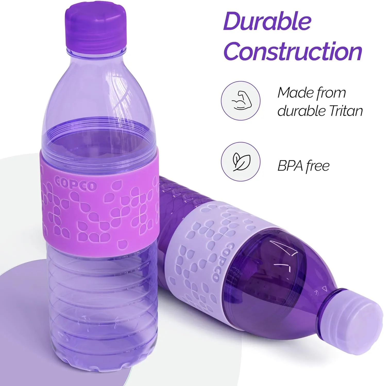 Copco Hydra 16.9oz Water Bottle, Set of 2 - Non-Slip Sleeve & BPA-Free Tritan Plastic - Dishwasher Safe, Reusable To Go Bottle - Leak-Proof, Spill-Proof, Portable Water Bottle (Purple & Light Purple)