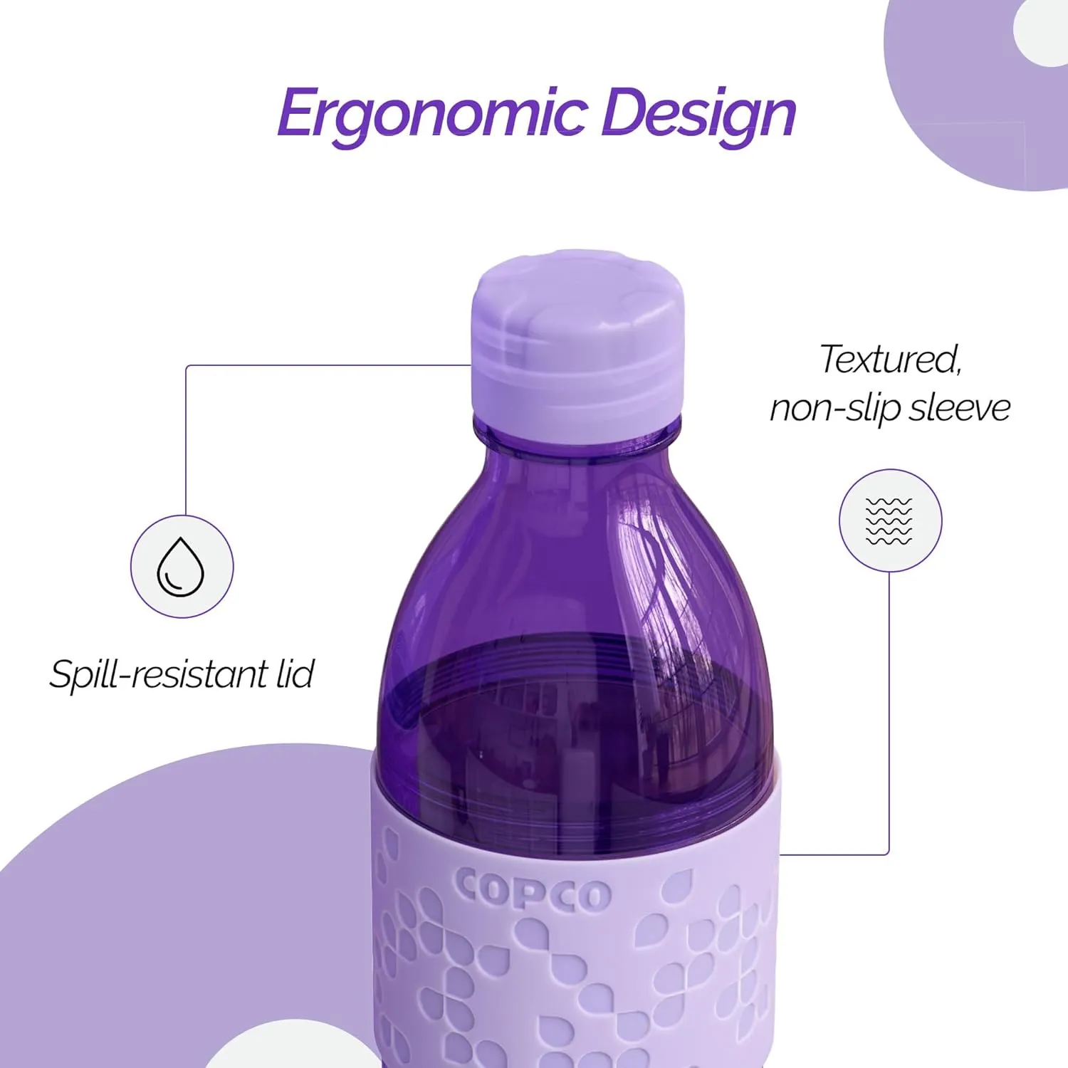 Copco Hydra 16.9oz Water Bottle, Set of 2 - Non-Slip Sleeve & BPA-Free Tritan Plastic - Dishwasher Safe, Reusable To Go Bottle - Leak-Proof, Spill-Proof, Portable Water Bottle (Purple & Light Purple)