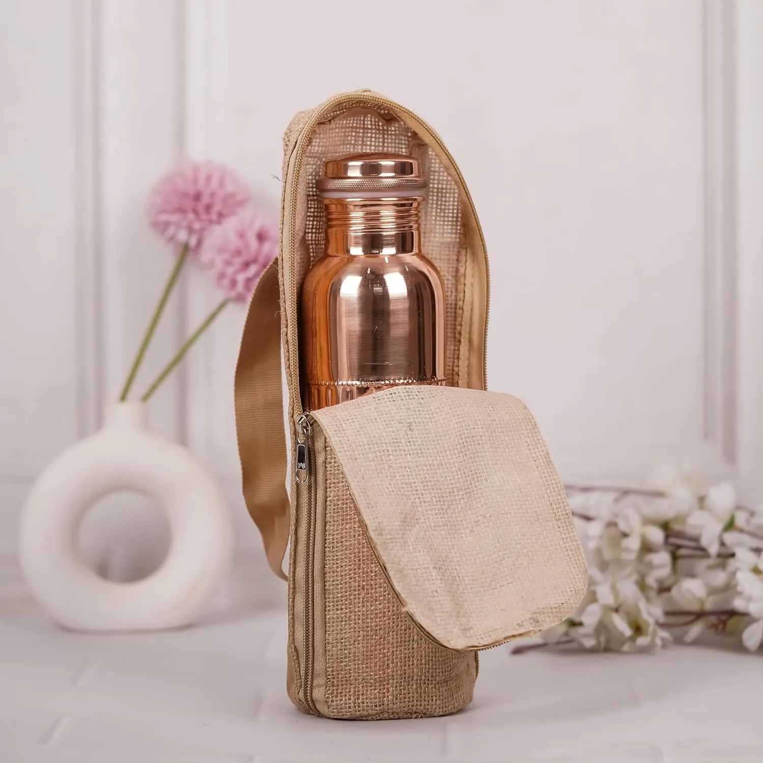 Copper Water Bottle 1000 ml Pure Copper Bottles with Carry Bag For Sports, Yoga, Ayurvedic Vessels for Gym,Office,Hiking (Pack of 1, Natural Lining Bottle)