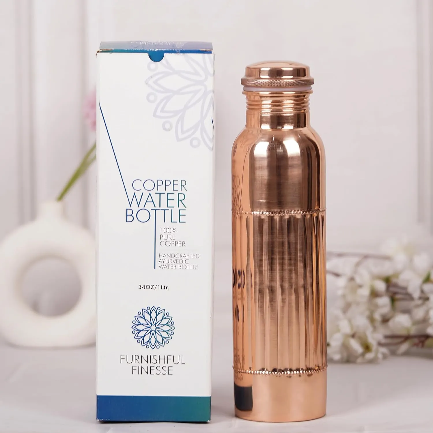 Copper Water Bottle 1000 ml Pure Copper Bottles with Carry Bag For Sports, Yoga, Ayurvedic Vessels for Gym,Office,Hiking (Pack of 1, Natural Lining Bottle)