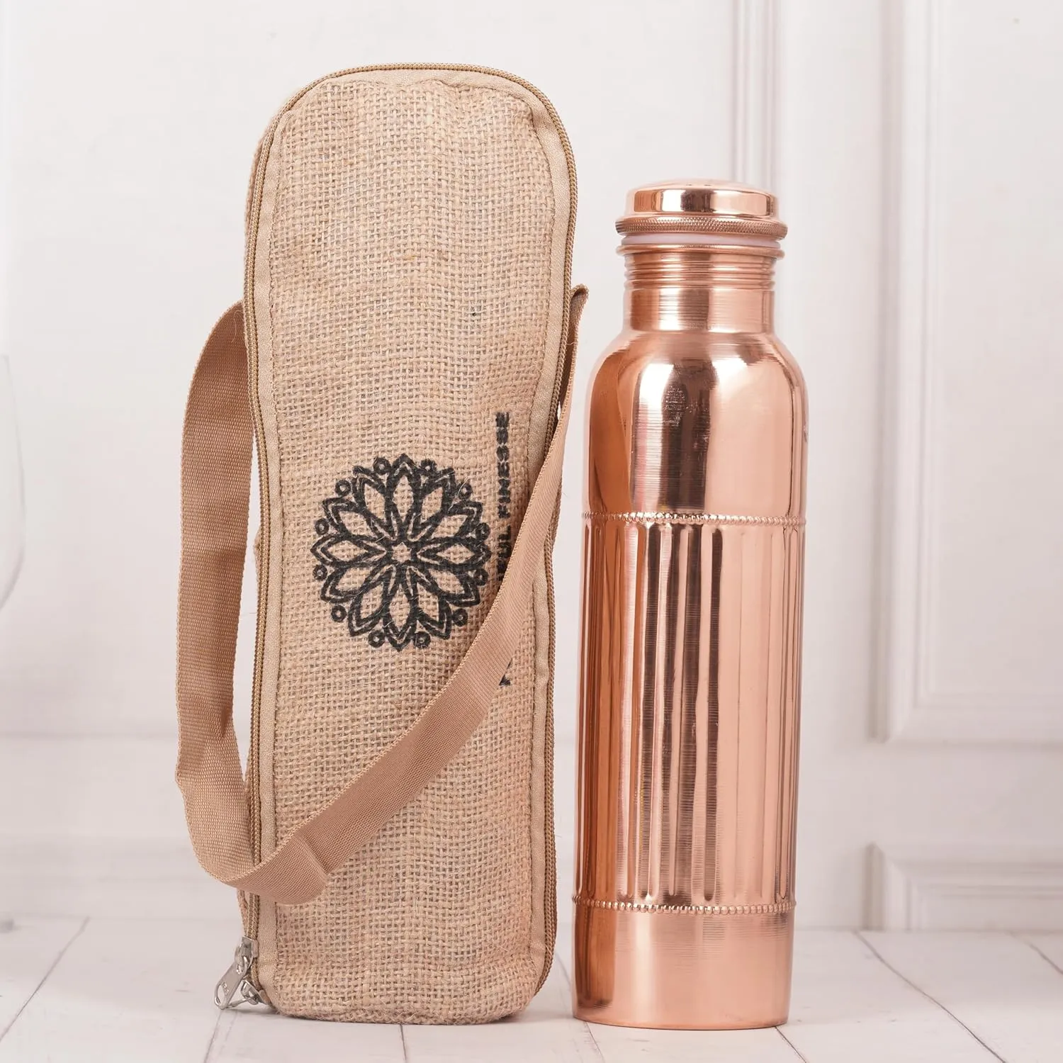 Copper Water Bottle For Drinking More Water Copper Bottles 1000 ml Alkaline Vessel With Carrying Bag For Sports, Yoga, Gym,Office,Hiking (Pack of 2, Natural Lining Bottle)