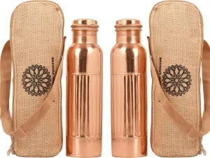 Copper Water Bottle For Drinking More Water Copper Bottles 1000 ml Alkaline Vessel With Carrying Bag For Sports, Yoga, Gym,Office,Hiking (Pack of 2, Natural Lining Bottle)