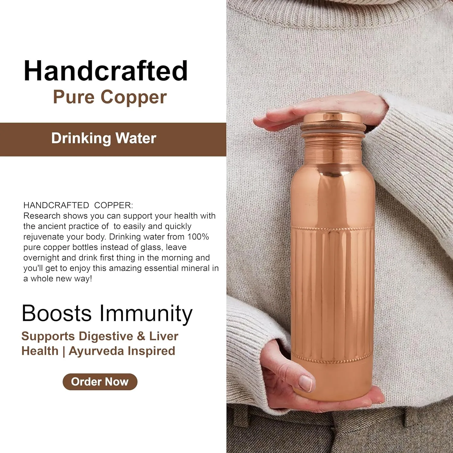 Copper Water Bottle For Drinking More Water Copper Bottles 1000 ml Alkaline Vessel With Carrying Bag For Sports, Yoga, Gym,Office,Hiking (Pack of 2, Natural Lining Bottle)