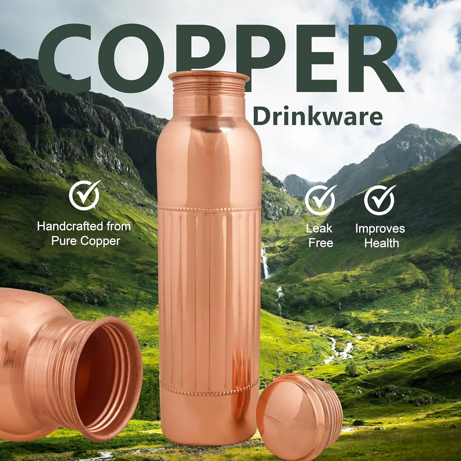 Copper Water Bottle For Drinking More Water Copper Bottles 1000 ml Alkaline Vessel With Carrying Bag For Sports, Yoga, Gym,Office,Hiking (Pack of 2, Natural Lining Bottle)