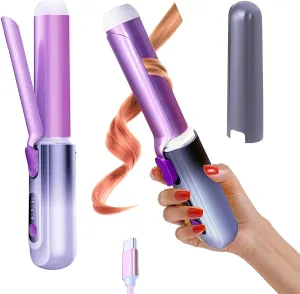 Cordless Curling Iron Rechargeable for Travel, Wireless Curling Wand Fast 30s Ceramic Heat-Up, USB-C Battery Operated Hair Curler, 200M Ions & 1.33 Inch Barrel with Shell (Purple)