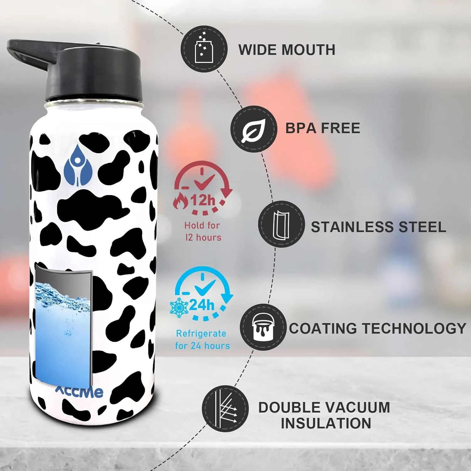 Cow Print Water Bottle,32 oz Gym Water Bottle for Women,Men,Stainless Steel Water Bottles Insulated,Sports water bottle with Straw lid,Paracord handle,Silicone Boot,Double Walled